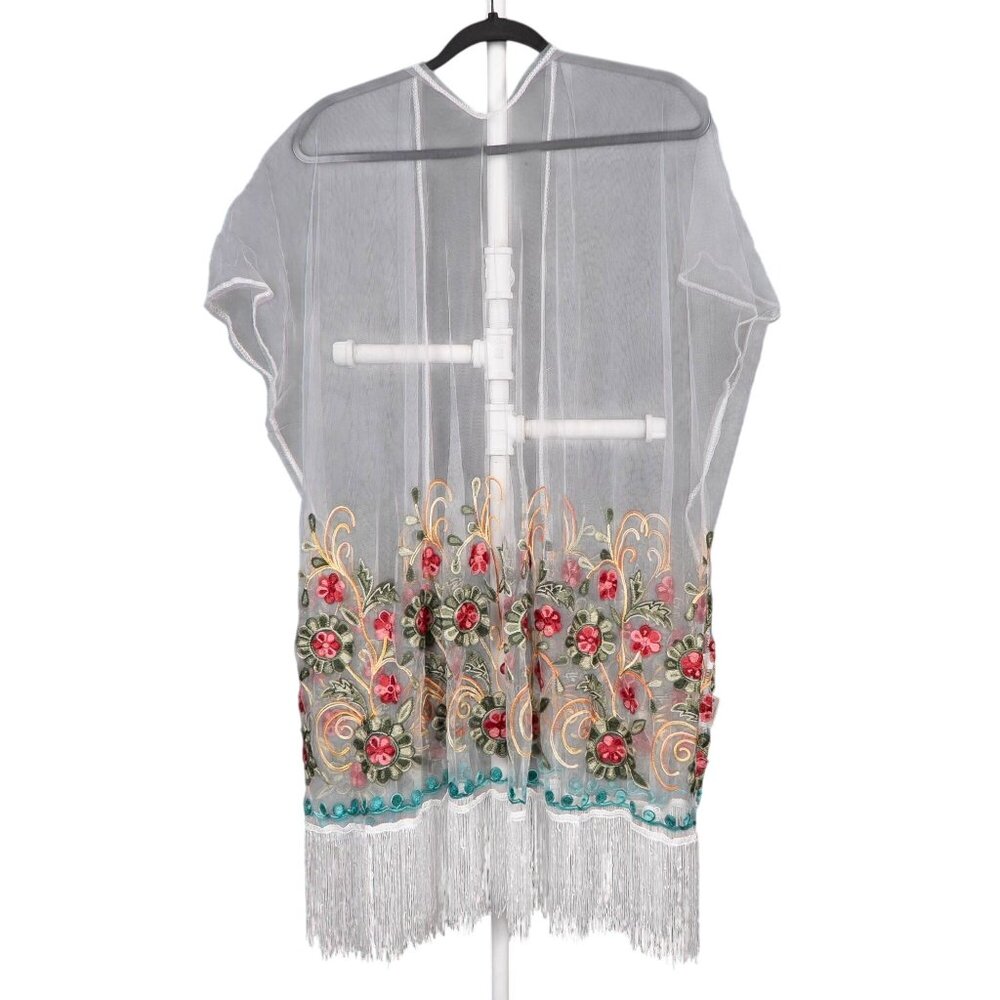 Sheer Floral Kimono Duster Cardigan One Size NEW Embroidered White Green Pink - Picture 7 of 7